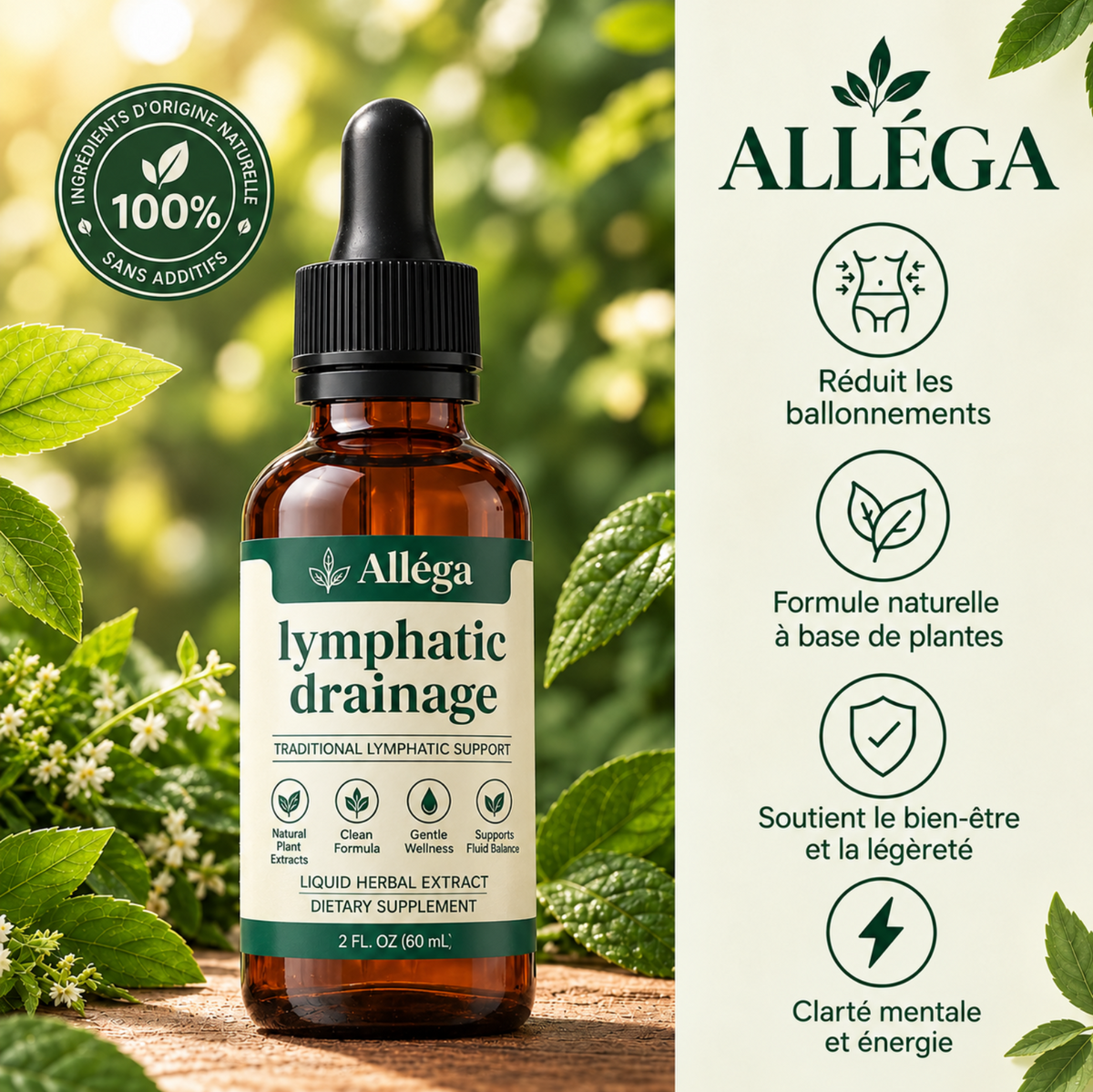 Gouttes de drainage lymphatique Alléga : réduit les ballonnements, formule naturelle à base de plantes